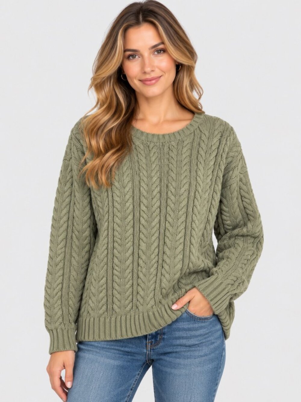 Eddie Bauer Women's Medium Olive Green Cable Knit Sweater Crewneck Pullover
